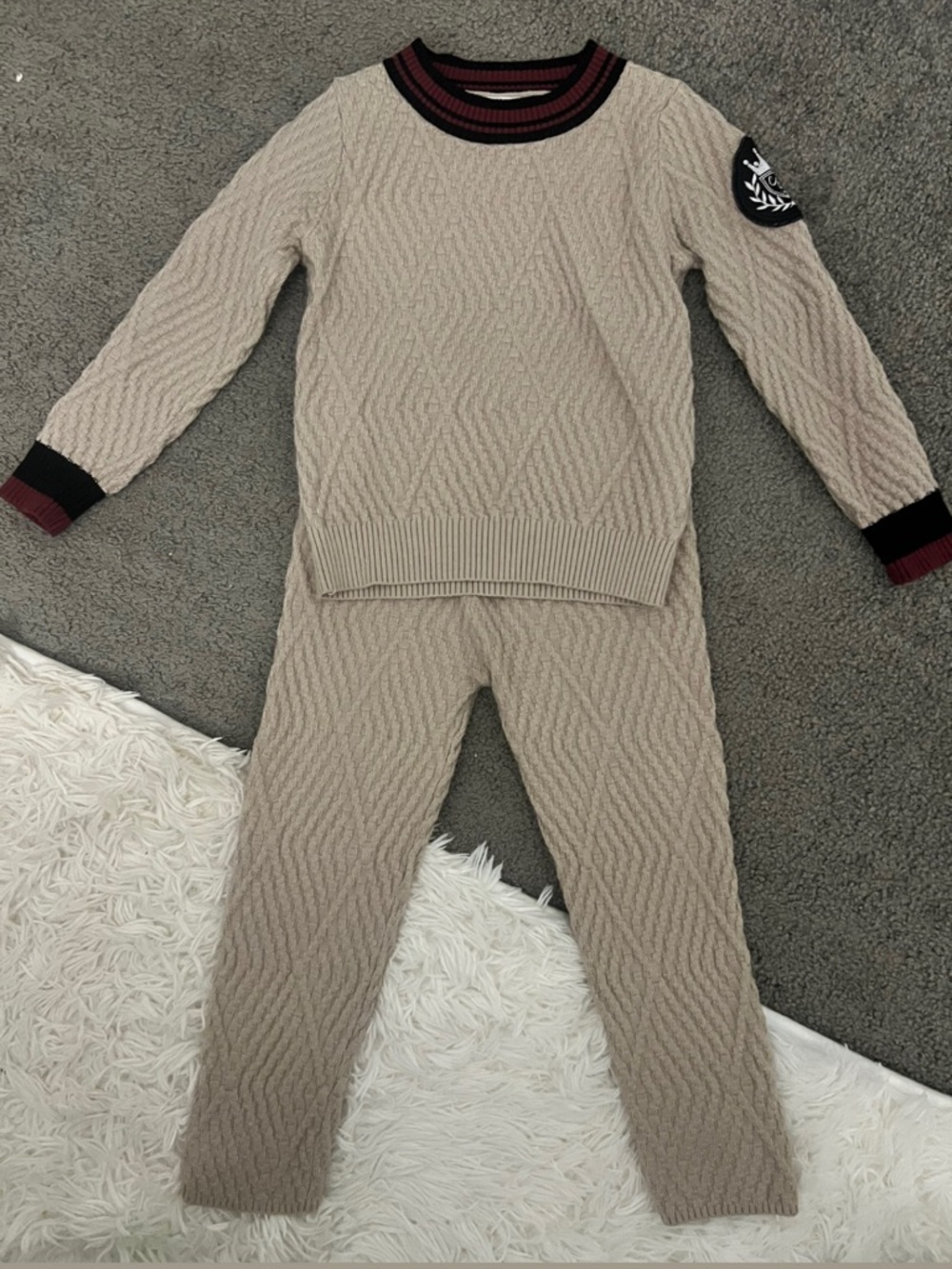 Charlotte&George Cable Knit Two-Piece Sweater Set in Taupe with Burgundy Trim